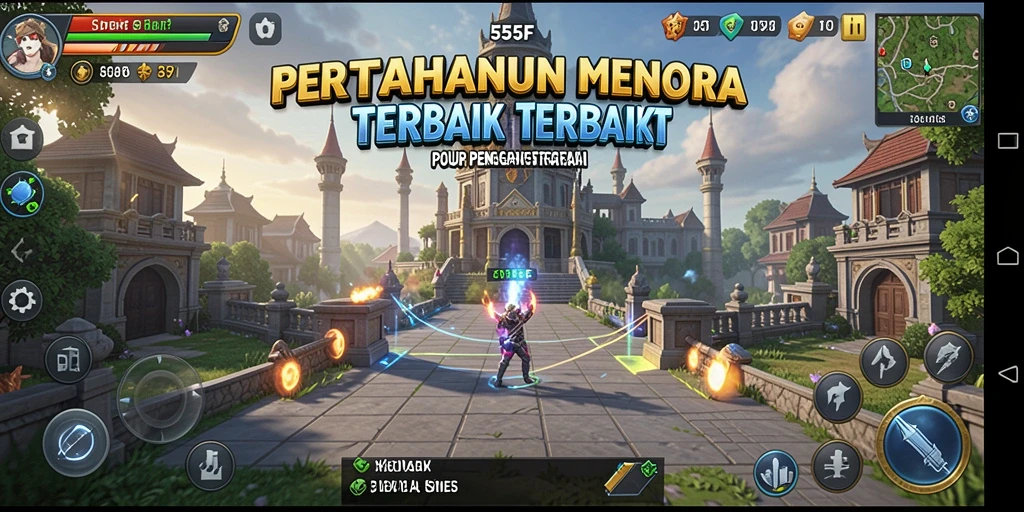 Screenshot gameplay 555F menampilkan aksi pertahanan menara yang intens.