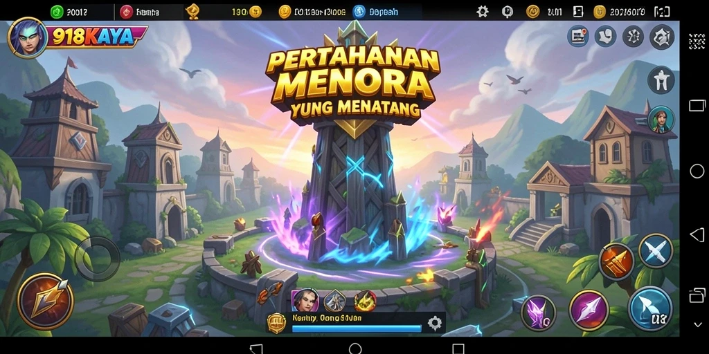 Screenshot permainan 918KAYA menampilkan serangan menara yang intens.