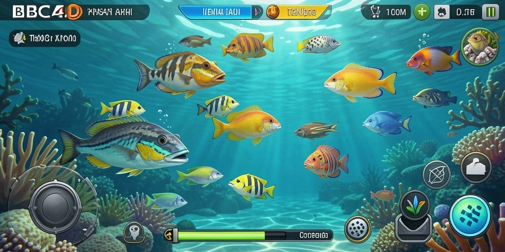 Screenshot gameplay BBCA4D menampilkan karakter menembak ikan di lautan.