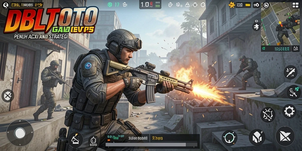 Screenshot DBLTOTO menampilkan aksi pertempuran mendebarkan di arena FPS.