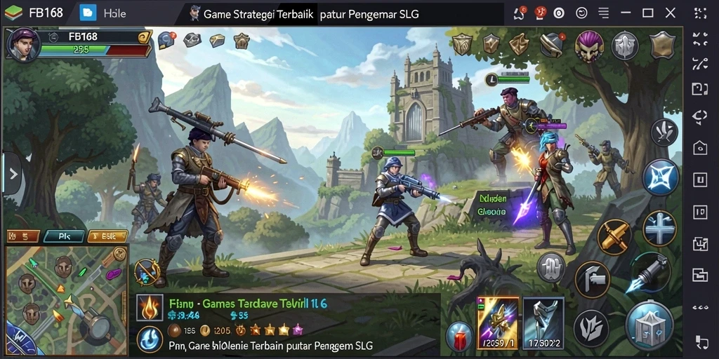 Screenshot utama FB168 menampilkan aksi pertempuran strategis yang dinamis.