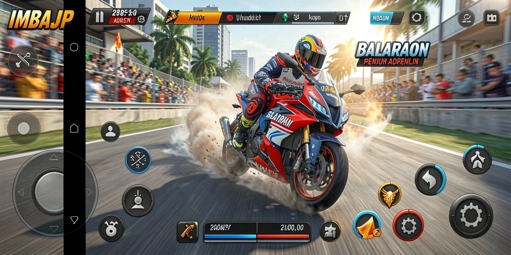 Tampilan gameplay balapan motor yang menegangkan di IMBAJP.