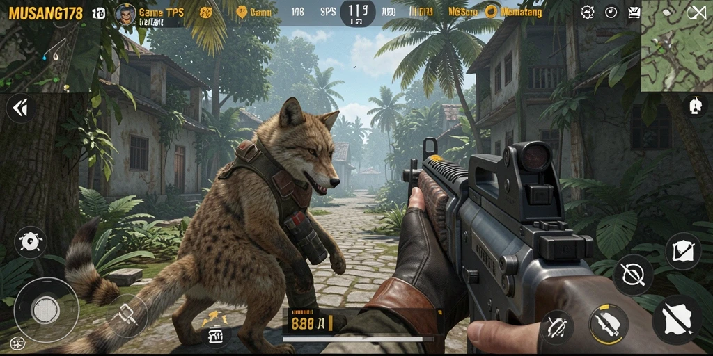 Tangkapan layar MUSANG178 menampilkan aksi intens dalam gameplay TPS.