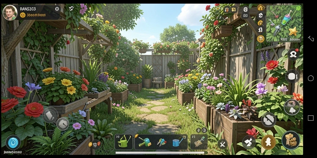 Tampilan gameplay <strong>RANS303</strong> dengan aktivitas berkebun yang seru.