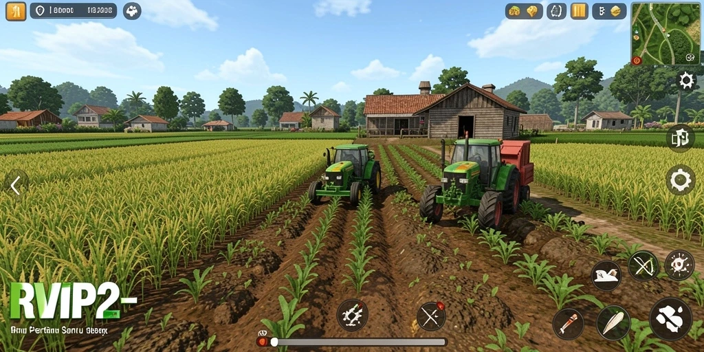 Tampilan gameplay RVIP2 saat bertani dengan berbagai tanaman.