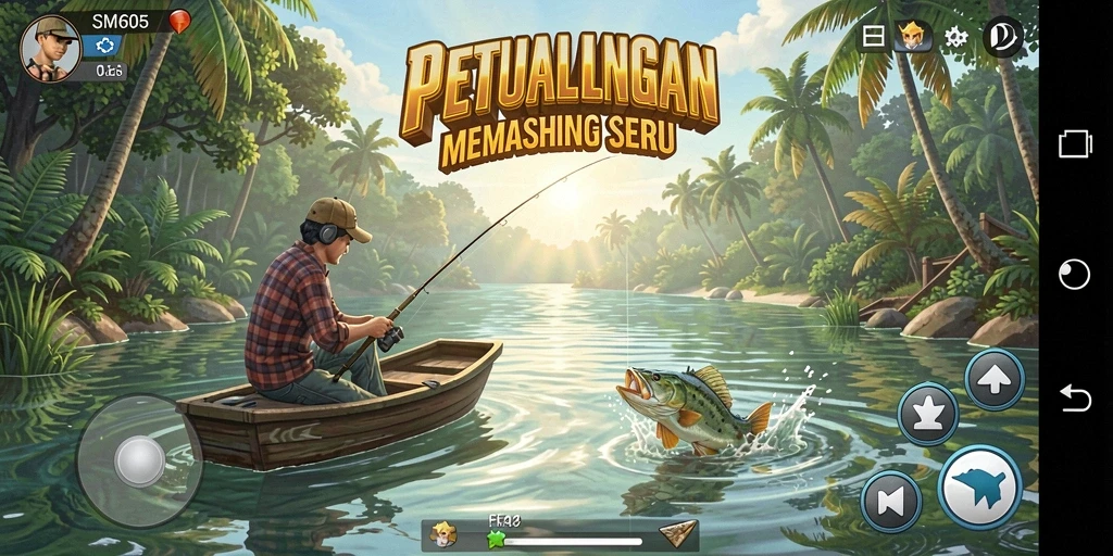 Tampilan gameplay SM605 dengan aksi memancing yang mendebarkan.
