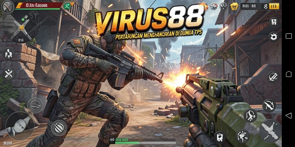 Tampilan gameplay intens di VIRUS88 dengan aksi tembak-menembak.